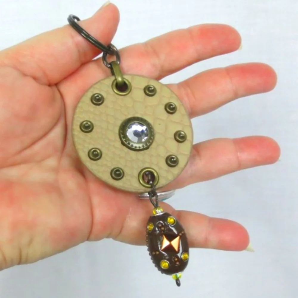 New Handmade Keychain Bag Charm Beaded Boho Faux Leather Rhinestone Swivel Clip